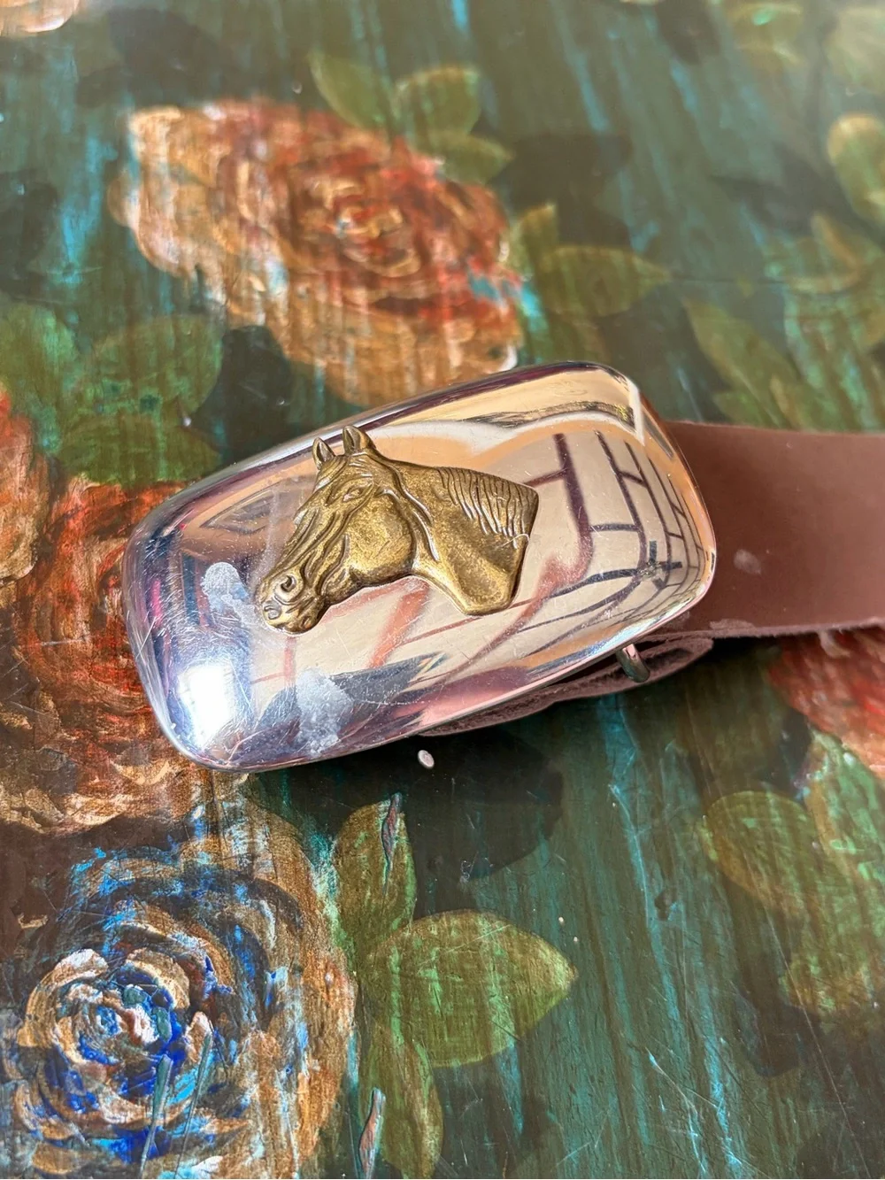 Kids Silver Horse Head Buckle & Brown Leather Belt